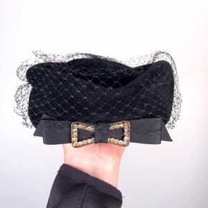 Valerie Modes Vintage 1940s Black Velvet & Crystal Pill Box Hat